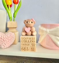 Load image into Gallery viewer, Custom Baby Birth Stats Block personalized, Clay Teddy Bear Keepsake, Baby girl ornament