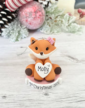 Load image into Gallery viewer, Girl Fox Baby's First Christmas ornament personalized, Woodland ornament