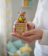 Load image into Gallery viewer, Custom Baby Birth Stats Block personalized, Clay Teddy Bear Keepsake, Baby boy ornament