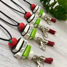 Load image into Gallery viewer, Teacher lanyard with books, Teacher gift, Beaded teacher lanyard, ID holder

