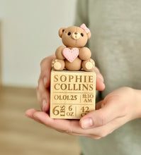 Load image into Gallery viewer, Custom Baby Birth Stats Block personalized, Clay Teddy Bear Keepsake, Baby girl ornament
