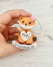 Load image into Gallery viewer, Girl Fox Baby&#39;s First Christmas ornament personalized, Woodland ornament

