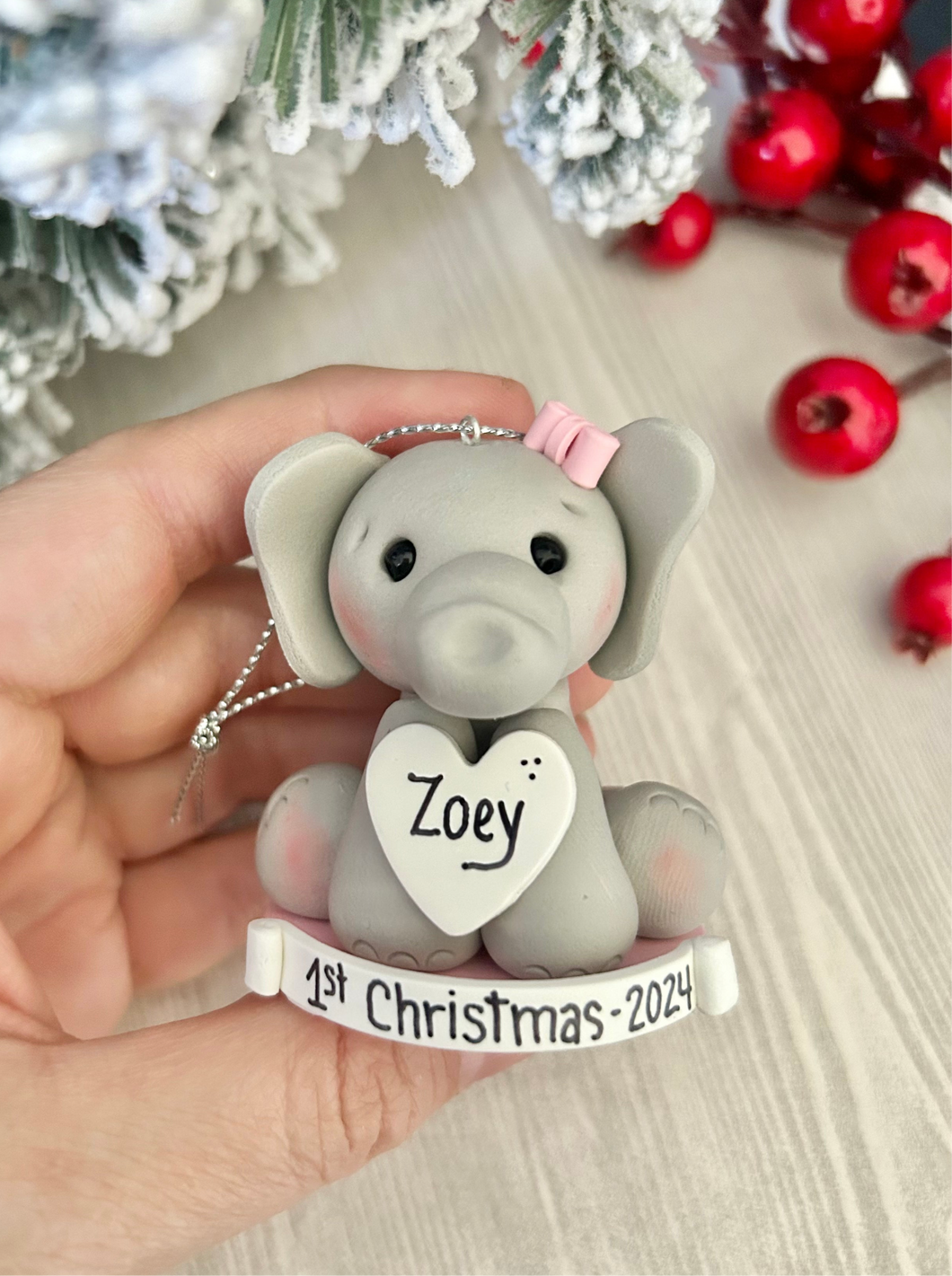 Elephant ornament First Christmas baby girl, 1st Christmas ornament personalized for girl