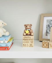 Load image into Gallery viewer, Custom Baby Birth Stats Block personalized, Clay Teddy Bear Keepsake, Baby boy ornament
