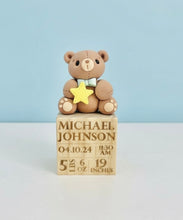 Load image into Gallery viewer, Custom Baby Birth Stats Block personalized, Clay Teddy Bear Keepsake, Baby boy ornament
