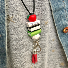 Load image into Gallery viewer, Teacher lanyard with books, Teacher gift, Beaded teacher lanyard, ID holder
