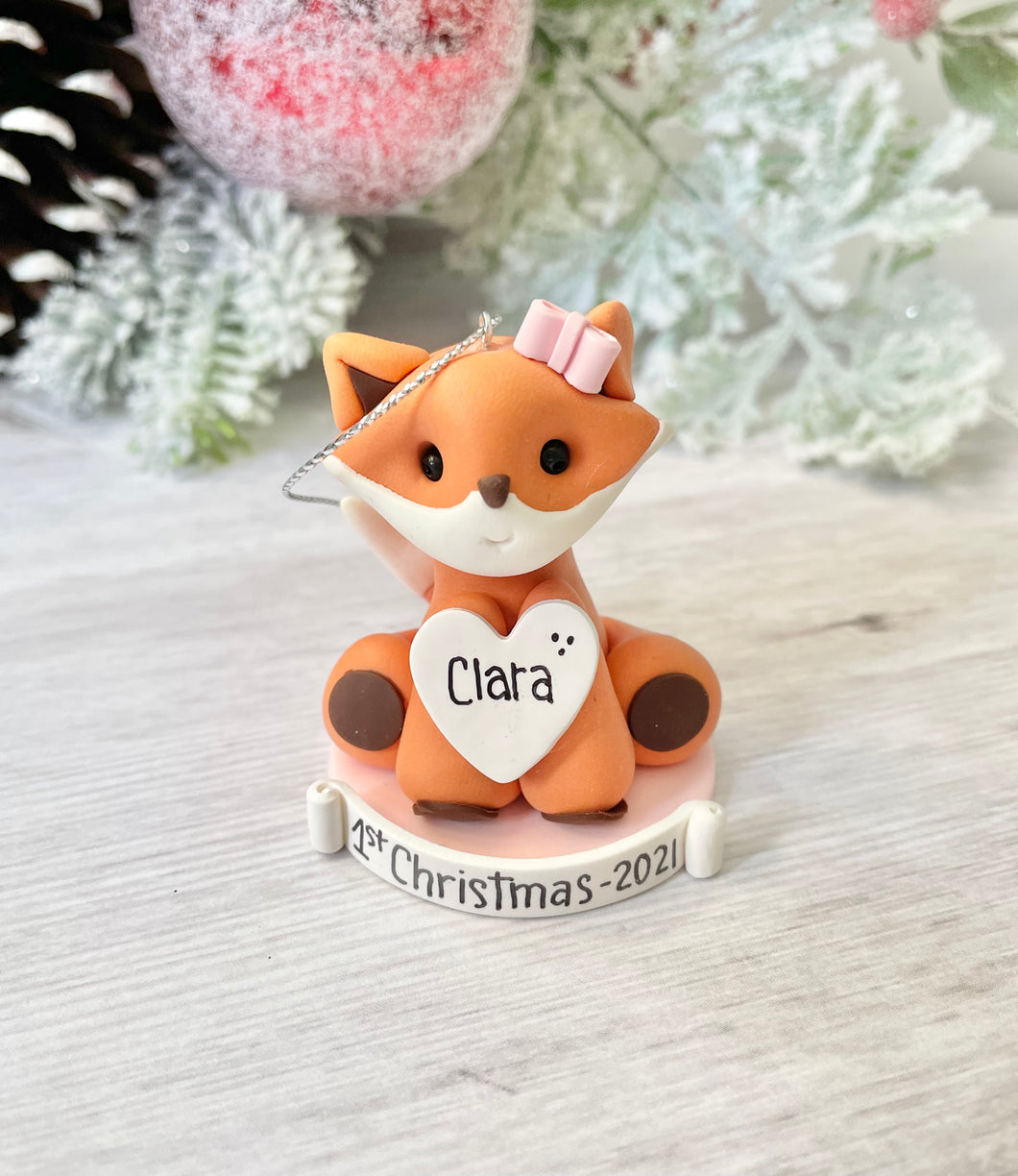 Girl Fox Baby's First Christmas ornament personalized, Woodland ornament