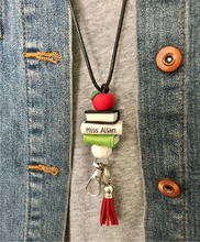 Load image into Gallery viewer, Teacher lanyard with books, Teacher gift, Beaded teacher lanyard, ID holder

