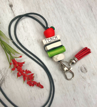 Load image into Gallery viewer, Teacher lanyard with books, Teacher gift, Beaded teacher lanyard, ID holder

