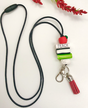 Load image into Gallery viewer, Teacher lanyard with books, Teacher gift, Beaded teacher lanyard, ID holder
