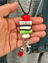 Load image into Gallery viewer, Teacher lanyard with books, Teacher gift, Beaded teacher lanyard, ID holder
